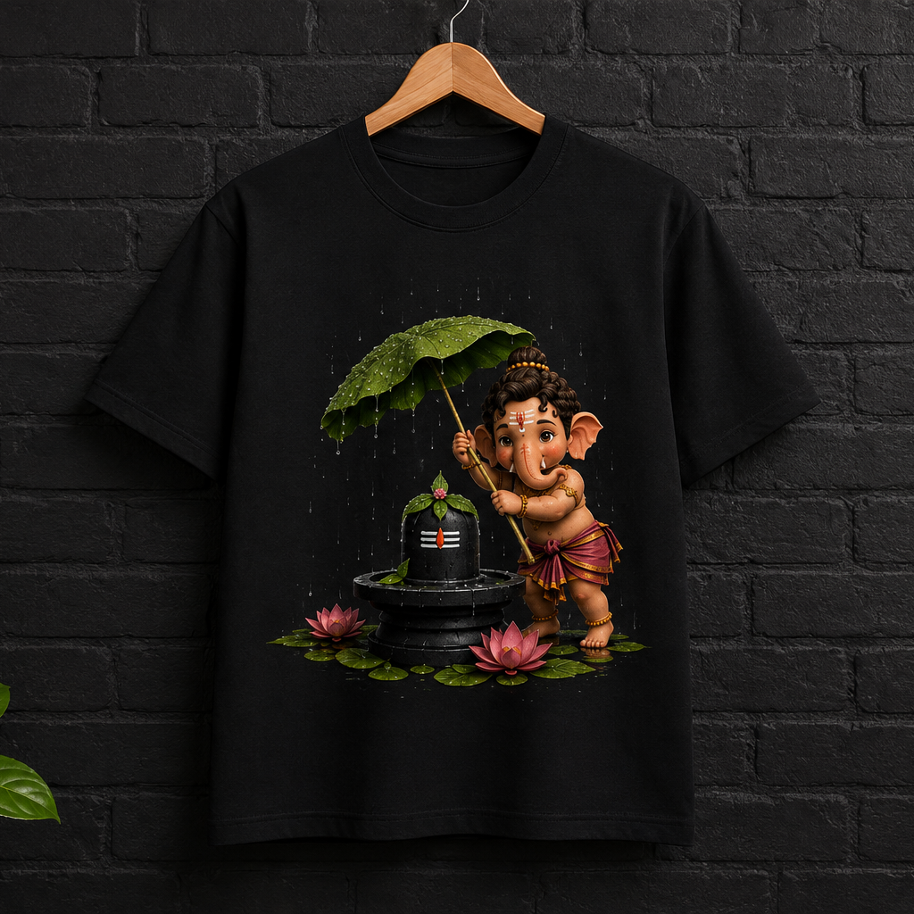 Ganesha Rain Blessings Premium Graphic T-Shirt | Unisex Standard Crew T-Shirt